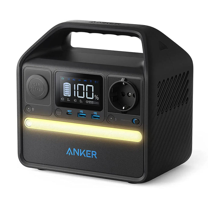 Tragbares ANKER-Kraftpaket 256 Wh mit Digitalanzeige, Wechselstromsteckdose und LED-Lichtleiste. Ausgestattet mit LiFePO4-Batterien.