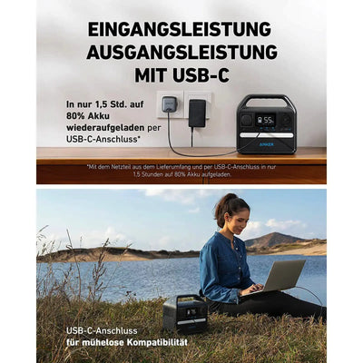 ANKER Powerstation 256Wh | 200-W-Werbung, die eine mobile Energiequelle mit USB-C-Ladefunktion und eine Frau zeigt, die an einem See einen Laptop benutzt.