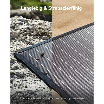 Langlebiges und robustes ANKER-Solarpanel mit Nahansicht, das seine kratzfesten und wetterfesten Oberflächeneigenschaften hervorhebt.