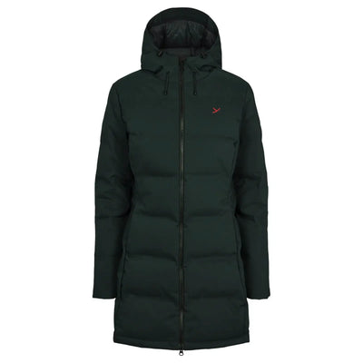 Dunkelgrüne Y by Nordisk® Parka-Jacke aus recyceltem Polyester auf weißem Hintergrund.