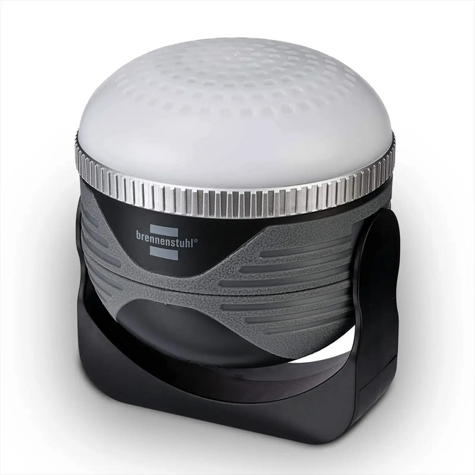 Tragbare runde Brennenstuhl® LED Akku-Außenleuchte mit grau-schwarzem Design auf weißem Hintergrund.