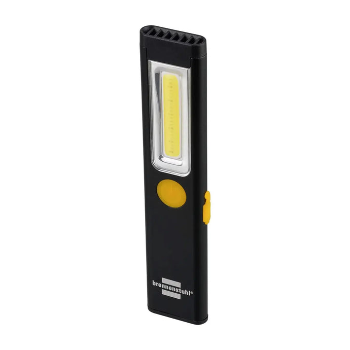 Brennenstuhl® LED Akku Handlampe PL 200 A mit integriertem Ladeanschluss und gelbem Power-Knopf.
