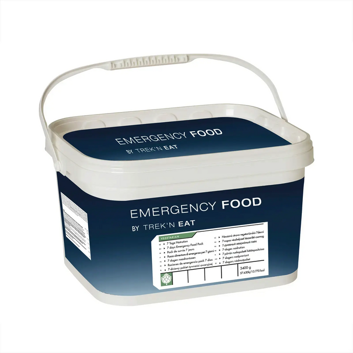 Plastikeimer mit der Aufschrift „Emergency Food by Trek'n Eat“ mit 3,805 kg nahrhaften vegetarischen Mahlzeiten für Überlebenssituationen.
