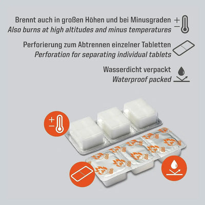 Eine Packung Esbit® Brennstofftabletten 12x14g mit Gebrauchsanweisung als Wärmespender.