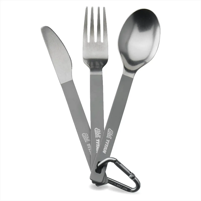 Esbit® Titan Besteck-Set 3 teilig Campingbesteck, verbunden durch einen Karabiner.