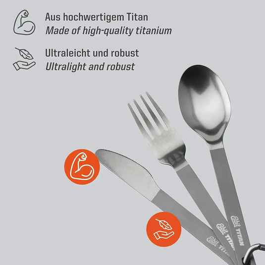 Ein Esbit® Titan Besteck-Set 3-teiliges Campingbesteck für Outdoor-Abenteuer, das seine ultraleichten und robusten Eigenschaften unterstreicht.