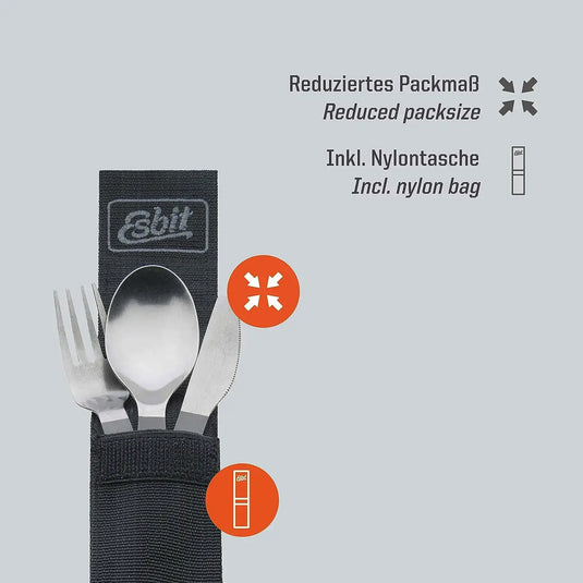 Tragbares Esbit® Titan Besteck-Set 3-teiliges Campingbesteck für Outdoor-Abenteuer, inklusive Löffel, Gabel und Messer in einer kompakten Nylontasche.