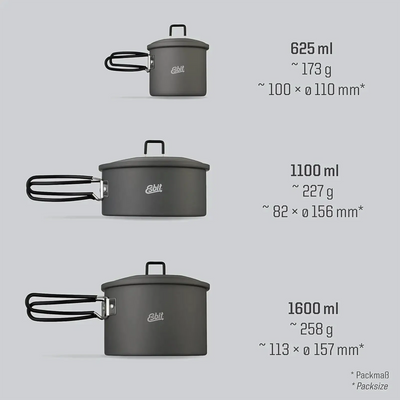 Drei unterschiedlich große Esbit® Aluminium Kochtöpfe mit hitzebeständigen Griffen, ausgestellt mit ihren jeweiligen Kapazitäten und Abmessungen.