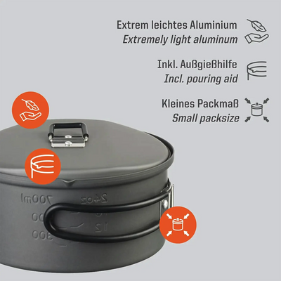 Esbit® bietet ein kompaktes und leichtes Aluminium-Kochtopf-Set mit hervorgehobenen Hitzefunktionen: inklusive Deckel, resistenten Griffen und kleiner Packgröße.