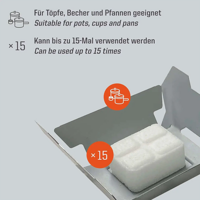 Ein Esbit® Notfallkocher (Set) Tablet mit Verpackungshinweis, das für Töpfe, Tassen und Pfannen geeignet ist und bis zu 15 Mal verwendet werden kann.