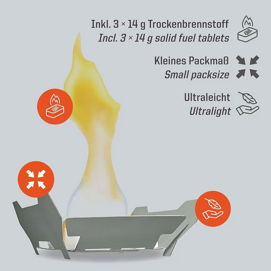 Tragbarer Festbrennstoffkocher Esbit® Notfallkocher (Set) mit Flamme, kompakter Größe, leichtem Design und der Aufnahme von drei 14-g-Trockenbrennstofftabletten.