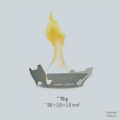 Eine Abbildung einer Esbit® Notfallkocher (Set)-Flamme mit ungefähren Maßen und Gewicht, möglicherweise als Hinweis auf die Verpackungsdetails eines Artikels.