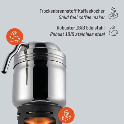 Esbit® Reise-Kaffeemaschine aus Edelstahl auf brennendem Brenner für Trockenbrennstoff-Tabletten.