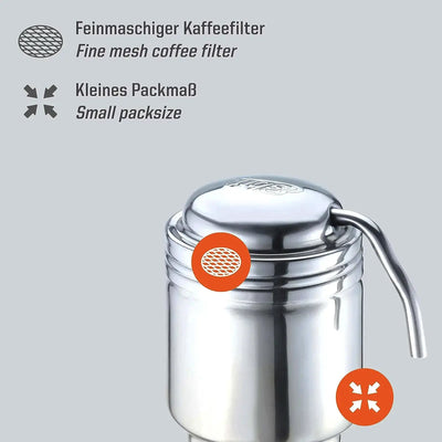 Tragbare Esbit® Reise-Kaffeemaschine aus Edelstahl mit feinem Netz und kompaktem Design.