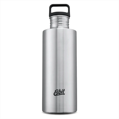 Edelstahl Esbit® Trinkflasche Sculptor 1000ml mit einem schwarzen Verschluss und gekennzeichnet mit dem Esbit-Logo.