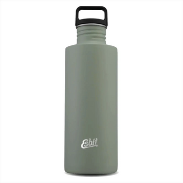 Mattgraue Isolierwasserflasche aus Esbit® Trinkflasche Sculptor 1000ml Edelstahl mit schwarzem Verschluss und Markenlogo auf der Vorderseite.