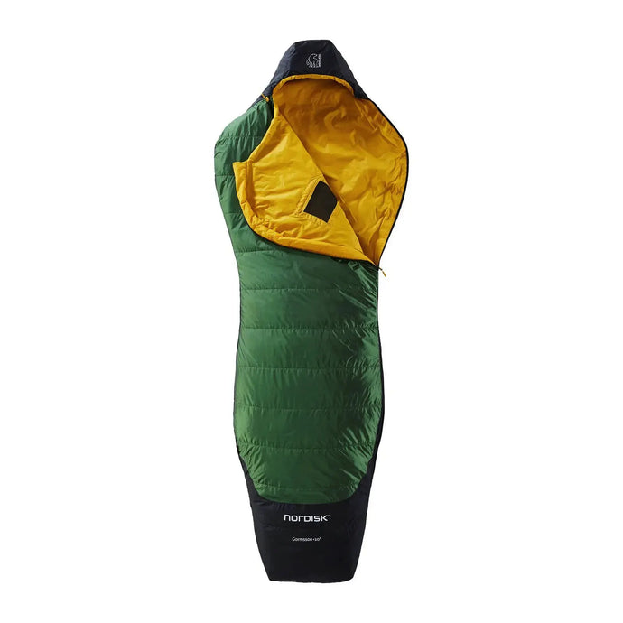 Grüner und gelber Nordisk® Gormsson +10° Curve Schlafsack Mumienschlafsack für Sommerkomfort isoliert auf weißem Hintergrund.