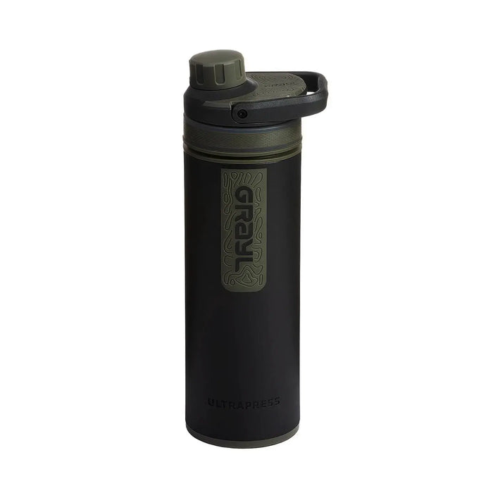 Schwarze Grayl® Ultrapress Wasserfilter 500-ml-Filtrationsflasche mit dekorativem Design und Grayl®-Branding.