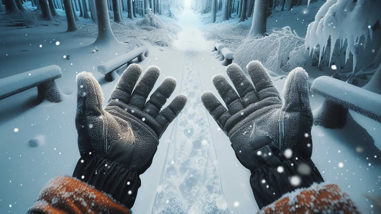 Person mit behandschuhten Händen ausgestreckt auf einem verschneiten Waldweg.