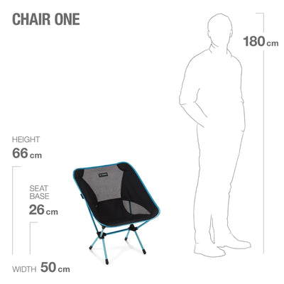 Vergleich der Dimensionen des Helinox Chair One mit einer menschlichen Silhouette.