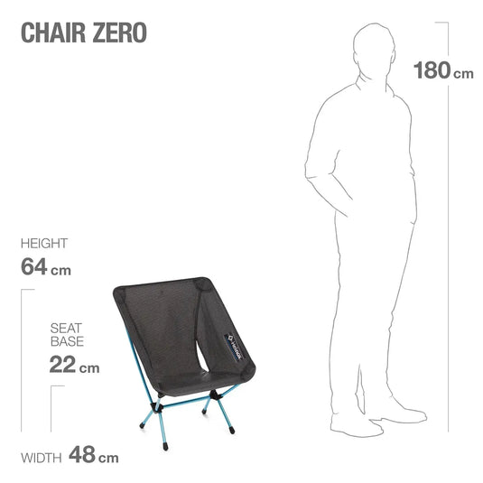 Größenvergleich zwischen einem Helinox Chair Zero und dem Umriss eines durchschnittlichen erwachsenen Mannes.