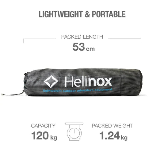 Das Helinox Lite Cot ist eine kompakte und tragbare Outdoor-Ausrüstung von Helinox und bietet mit einer Tragfähigkeit von 120 kg und einem Gewicht von 1,24 kg im gepackten Zustand außergewöhnlichen Schlafkomfort.