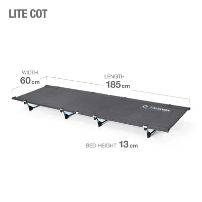 Helinox Lite Cot: Tragbares, leichtes Campingbett mit den Abmessungen: 60 cm Breite, 185 cm Länge und 13 cm Betthöhe.