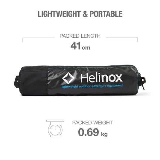 Kompakte, tragbare Helinox Table One Outdoor-Ausrüstung mit Abmessungen von 41 cm im gepackten Zustand und einem Gewicht von 0,69 kg.