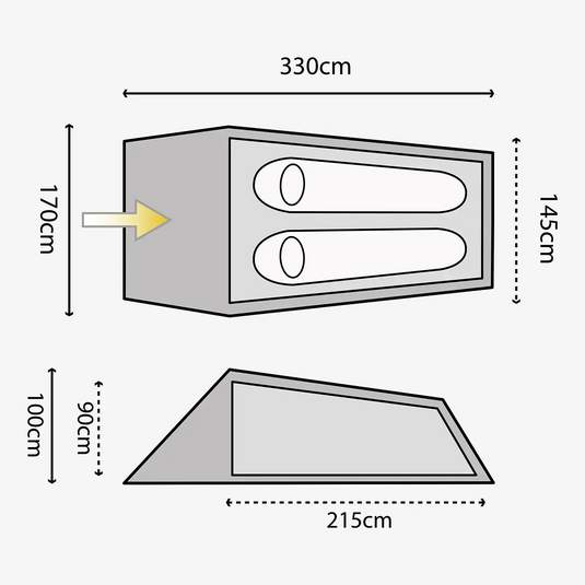 Technisches Diagramm eines HIGHLANDER® Blackthorn 2 Personen Zelt Zeltes mit Abmessungen.