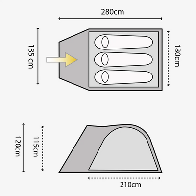 Technisches Diagramm zur Veranschaulichung der Abmessungen eines HIGHLANDER® Juniper 3-Personen-Zeltes mit einem Pfeil, der den Eingang anzeigt.