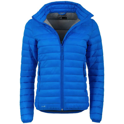 Blaue gesteppte HIGHLANDER® Isolationsjacke „Fara“ mit Kapuze und Reißverschluss.