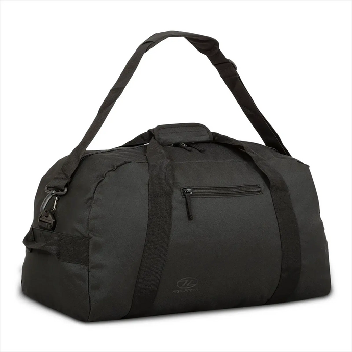 Schwarze HIGHLANDER® Notfalltasche (45 Liter) Reisetasche mit Schultergurt und Außentasche mit Reißverschluss.
