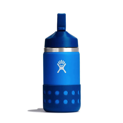 Blaue Hydro Flask® Kids Wide Mouth 12 oz (355 ml) Wasserflasche mit Logo und Gummigriff.