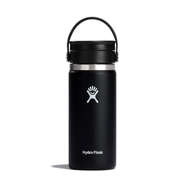 Hydro Flask® 16 oz (473 ml) Kaffee, Flex Sip™ Deckel-Wasserflasche mit doppelwandiger Vakuumisolierung, mit dem Markenlogo auf weißem Hintergrund.