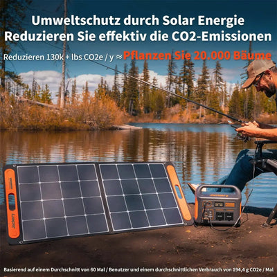 Ein Mann sitzt draußen und spielt Gitarre neben tragbaren, monokristallinen Solarmodulen von Jackery SolarSaga 100, die mit einem tragbaren Energiespeicher verbunden sind.