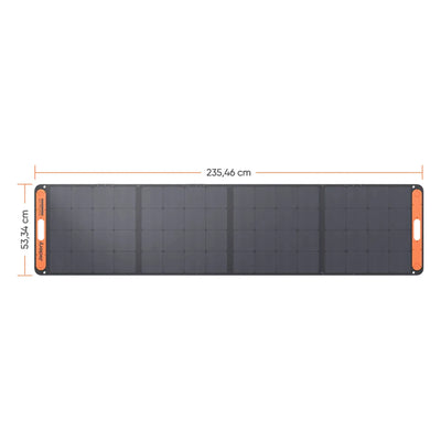 Ein Diagramm des Jackery SolarSaga 200 Solarpanels mit beschrifteten Abmessungen, das eine Länge von 235,46 cm und eine Breite von 53,34 cm zeigt.