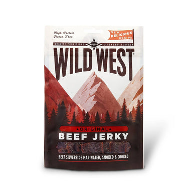 Eine Packung Wild West Jerky Original mit einem bergigen Hintergrund auf der Verpackung.