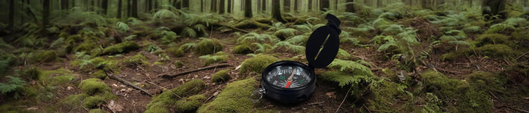 Ein Kompass liegt offen auf einem moosbedeckten Waldboden und schlägt Navigation oder Erkundung in einer natürlichen Waldumgebung vor.