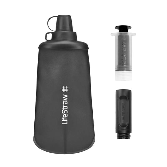 Schwarze LifeStraw®-Wasserflasche mit LifeStraw-Filtersystem, abgebildet mit abgenommenen Filterkomponenten.