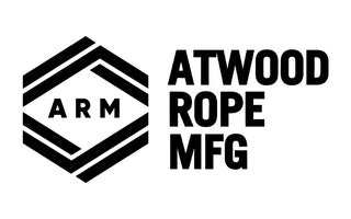 Schwarz-weißes Firmenlogo, geometrisch, Text "Atwood Rope MFG".