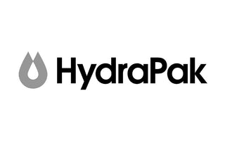 Logo von HydraPak mit Wassertropfen-Symbol in Schwarz-Weiß.
