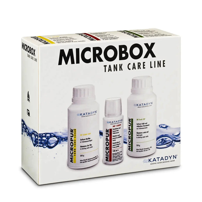 Produktverpackung für die Micropur® Tank Care Line von Micropur®, inklusive drei Flaschen Wasseraufbereitungslösungen.