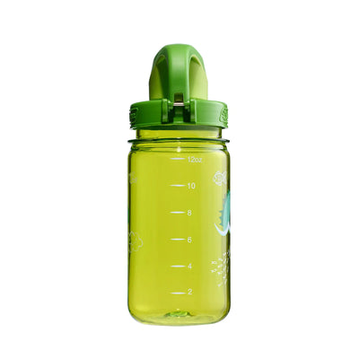 Ein grüner Nalgene® Kinderflasche 'OTF Kids Sustain' 0,35 L Baby-Trinkbecher mit Messmarkierungen auf transparentem Hintergrund.