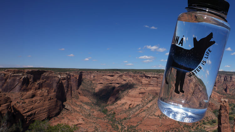 Eine Wasserflasche mit dem Slogan „Wasser ist Leben“, überlagert mit einer Wüstenschluchtlandschaft.