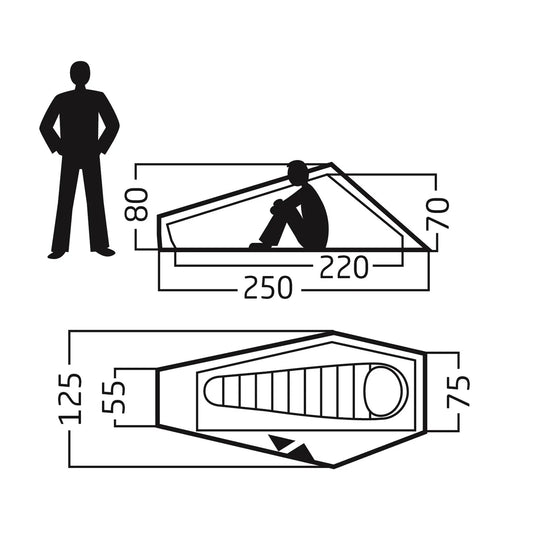 Eine stehende menschliche Figur neben zwei Diagrammen, die die Abmessungen von zwei verschiedenen Sargstilen anzeigen, darunter das Nordisk® Lofoten 1 ULW Zelt von Nordisk.