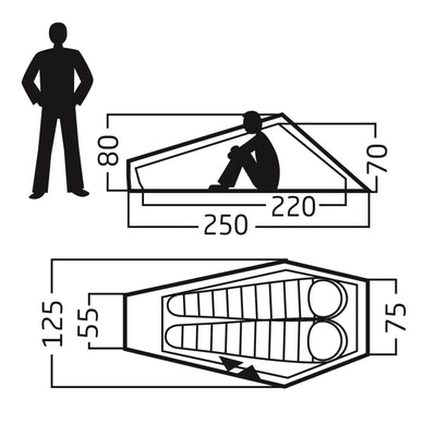 Illustration zum Vergleich der Abmessungen eines traditionellen Sarges und einer kompakten Grabkapsel mit einer Positionierung des Körpers in fötaler Position, mit innovativem Design, neben einer maßstabsgetreuen menschlichen Silhouette unter Verwendung des Nordisk® Lofoten 2 ULW-Zelts.