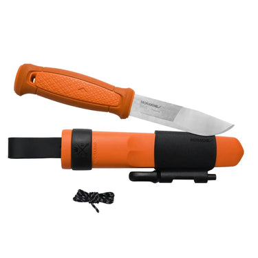 Morakniv® Gürtelmesser Kansbol mit Survival-Kit (S) Orangefarbenes Messer mit feststehender Klinge, orangefarbenem Griff und Scheide, inklusive schwarzem Feuerstarter und Paracord.