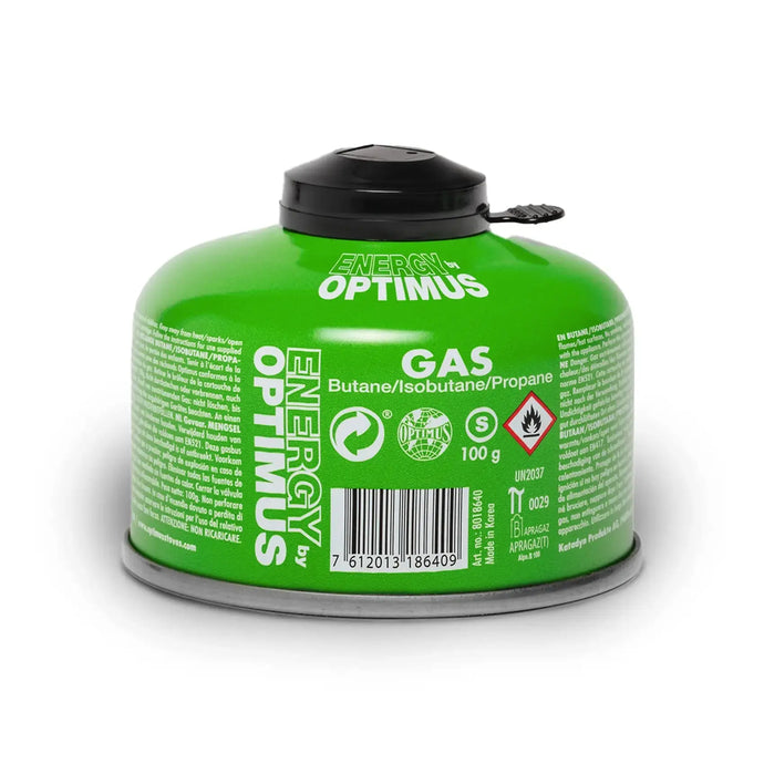 Grüner tragbarer Optimus Gas 100g Butan grüner Kanister mit schwarzem Deckel, beschriftet für Butan/Isobutan/Propan-Mischung.
