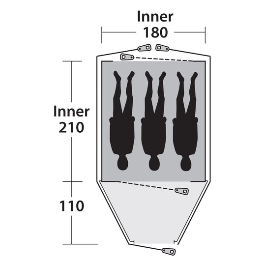 Technisches Diagramm eines Outwell® Cloud 3-Zeltes mit Innenabmessungen und Platzierungsmöglichkeiten für sechs Flaschen.