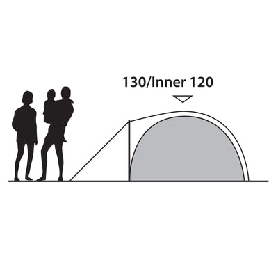 Silhouette von zwei Personen, die neben einem Outwell® Cloud 3-Campingzelt mit den Maßen „130/innen 120“ stehen.